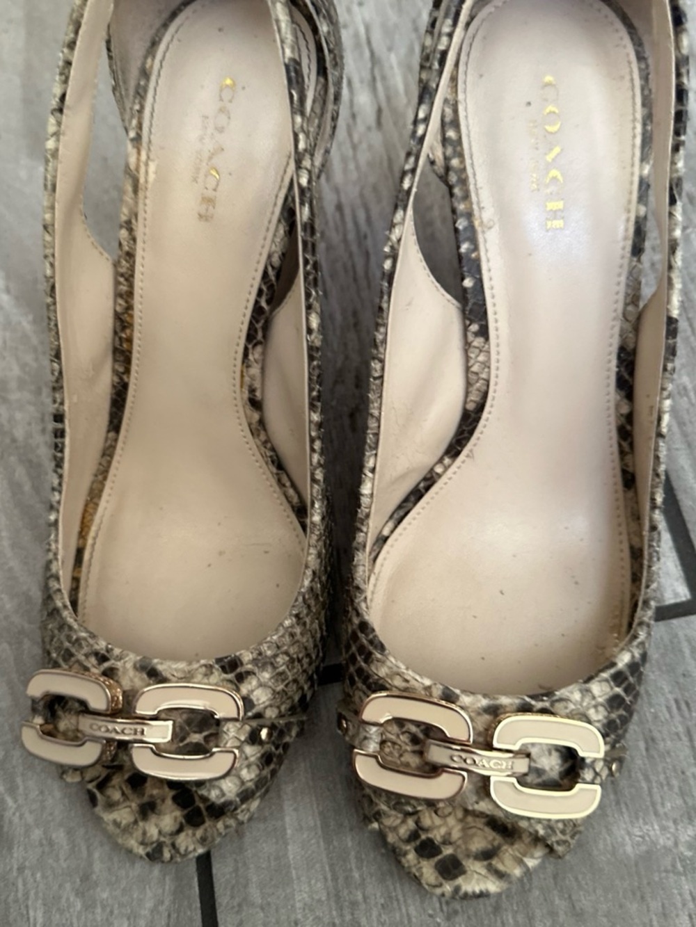 Coach Snake-Print Slingback Pumps with Gold Chain Accent